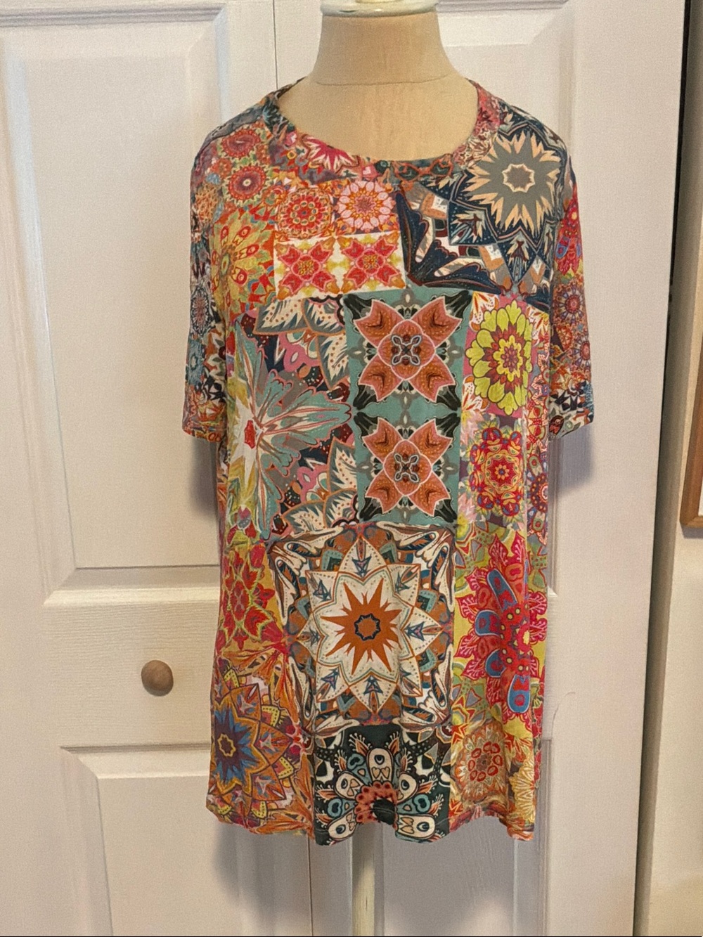 Johnny Was Multicolor Patchwork-Print Short Sleeve Tee